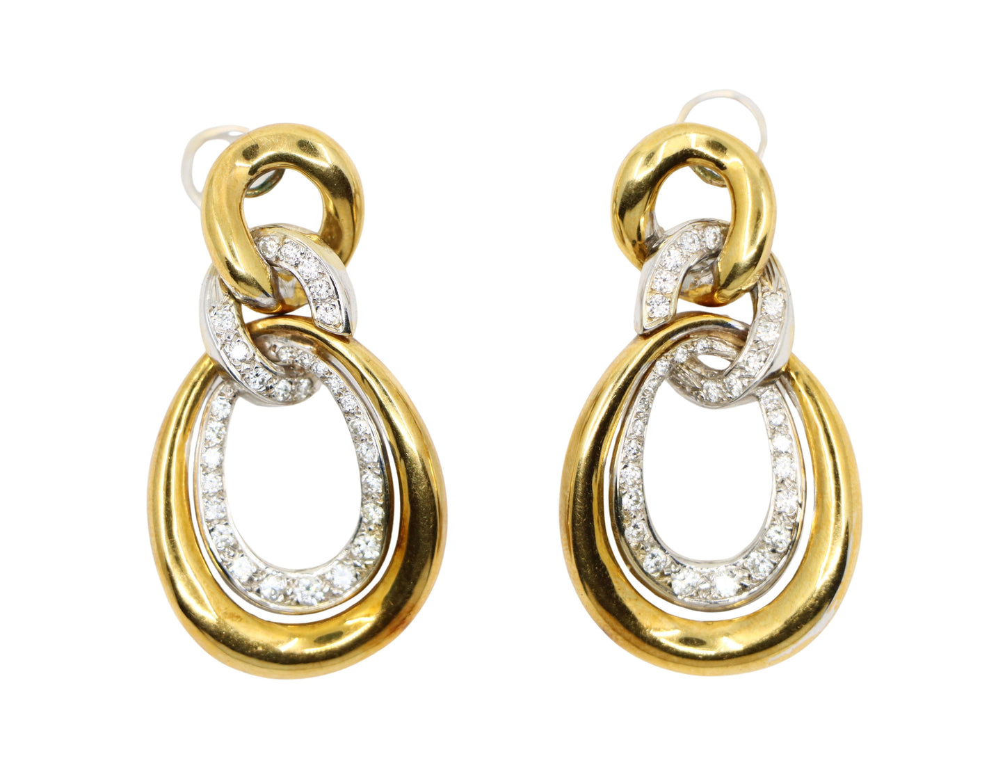 Vintage 18K White & Yellow Gold Diamonds Twisted Double Oval Hoop Earrings