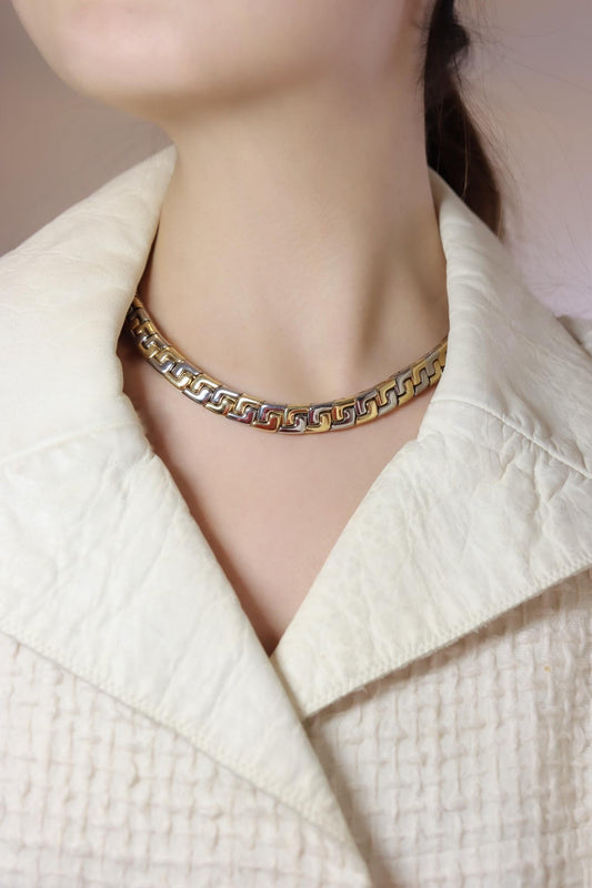 VINTAGE BULGARI TWO TONE 18K GOLD GEOMETRIC COLLAR NECKLACE