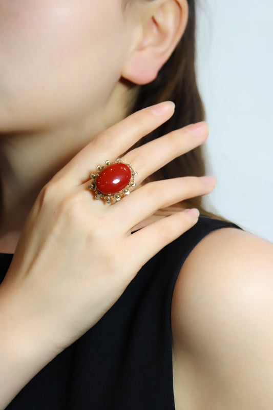 Vintage 18K Gold Coral Flower Set Ring