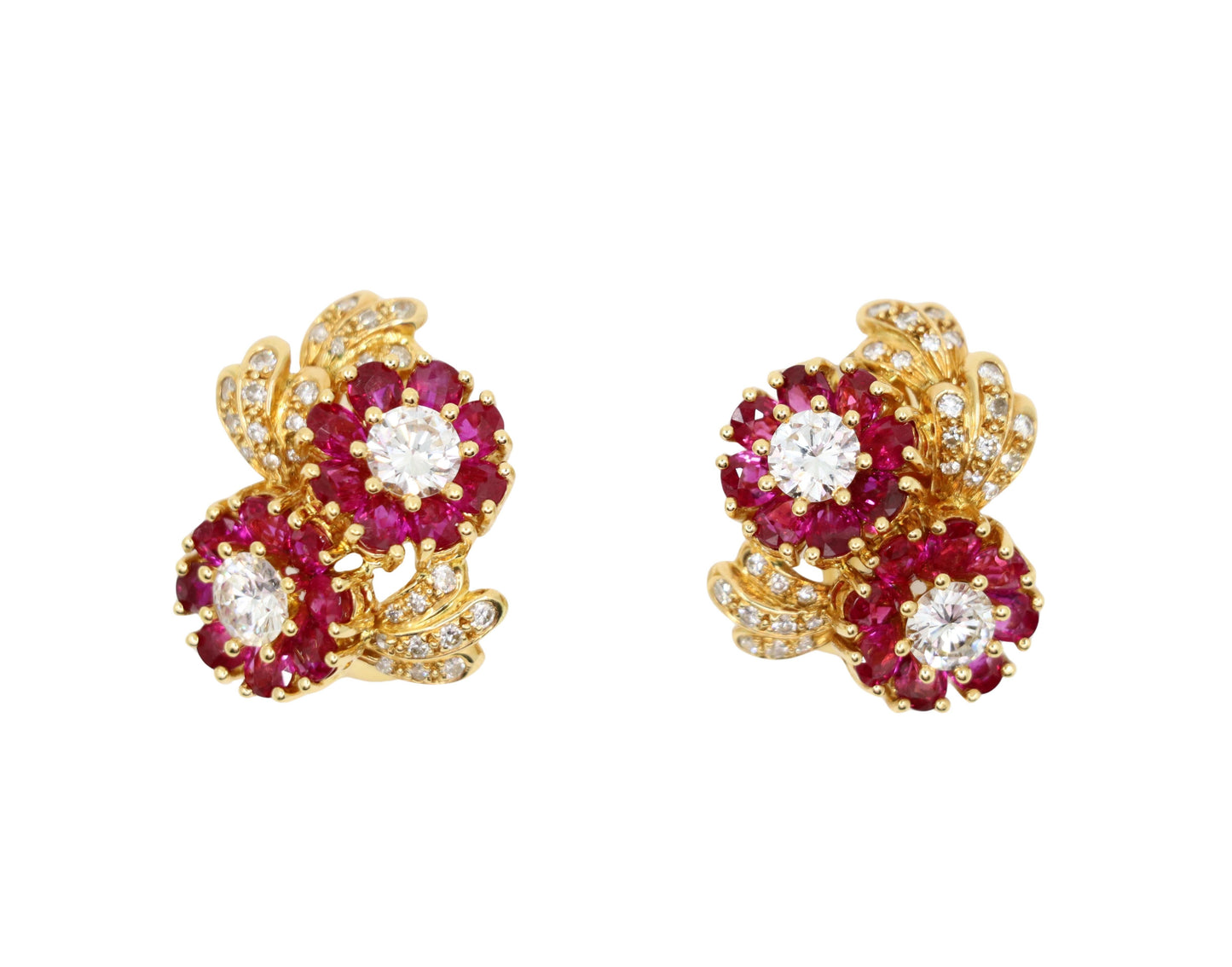 Vintage 18K Gold Ruby Diamonds Flower Earrings