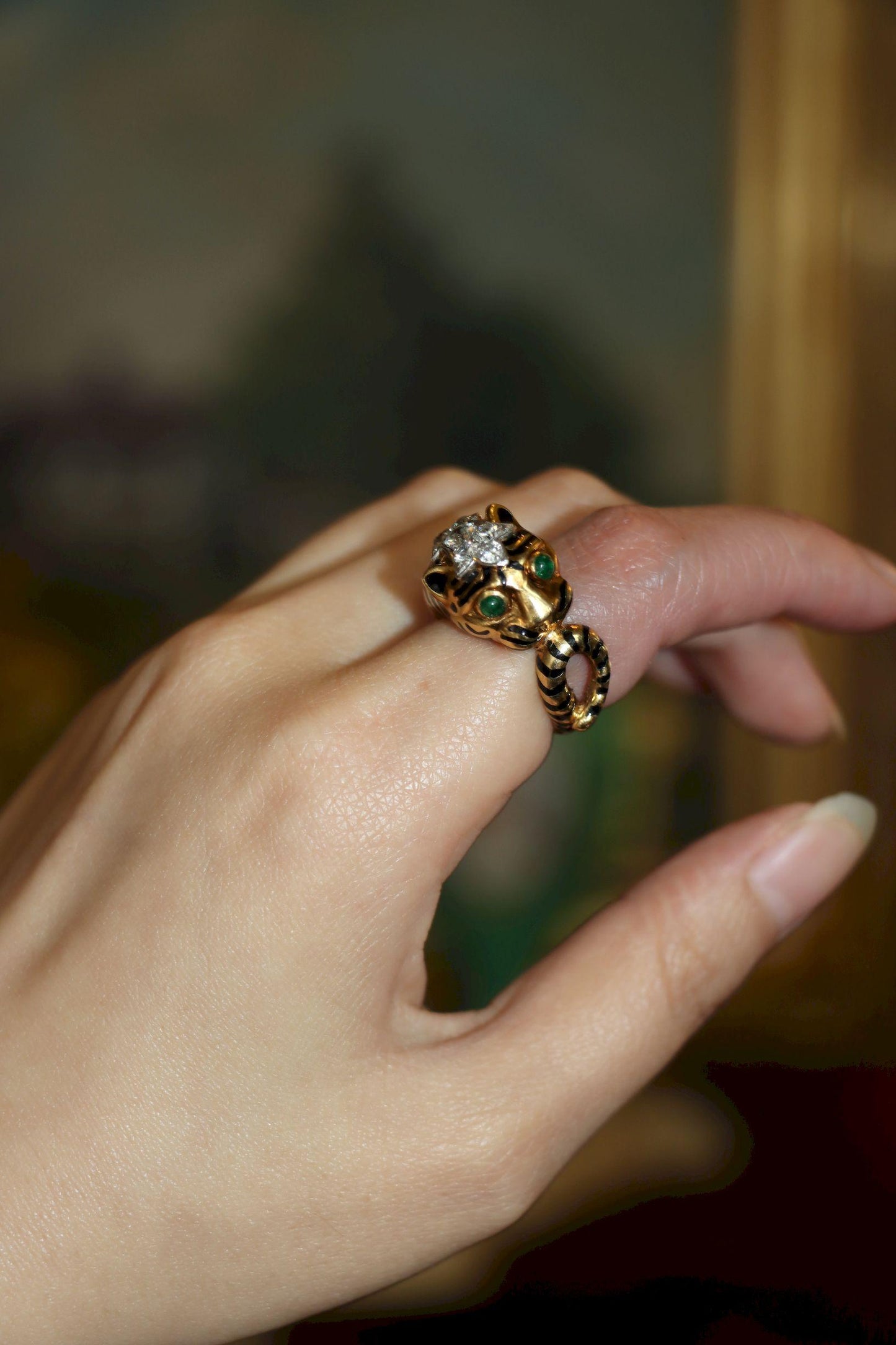 Vintage David Webb 18K Gold & Platinum Diamonds Emerald Tiger Ring