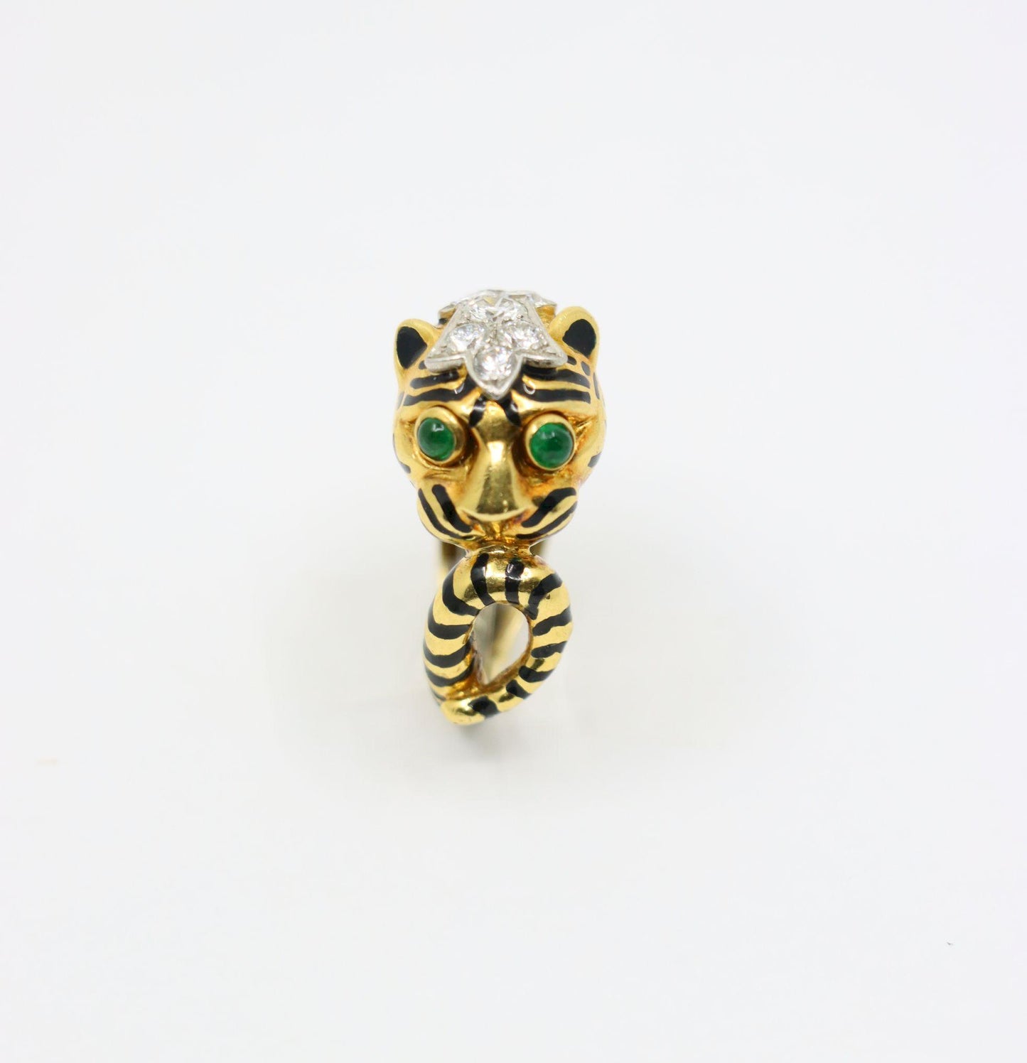 Vintage David Webb 18K Gold & Platinum Diamonds Emerald Tiger Ring