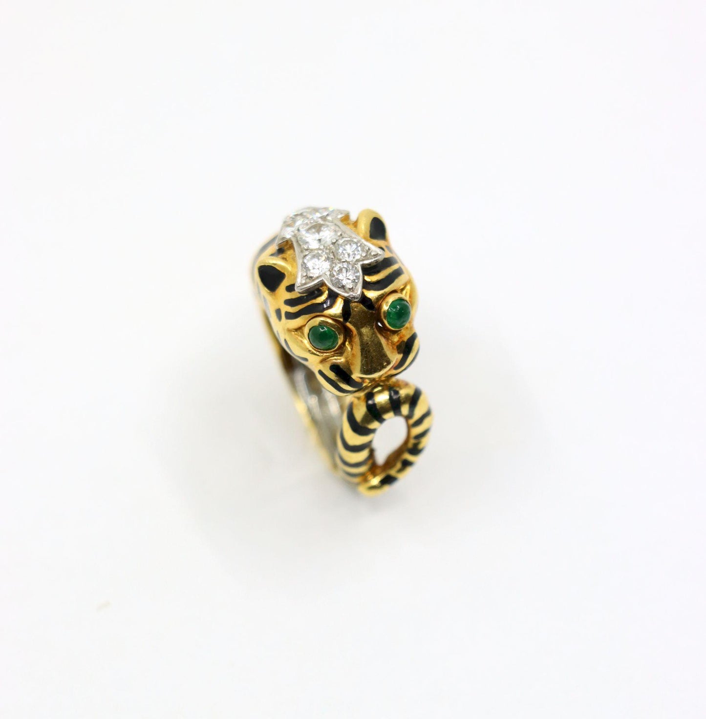 Vintage David Webb 18K Gold & Platinum Diamonds Emerald Tiger Ring