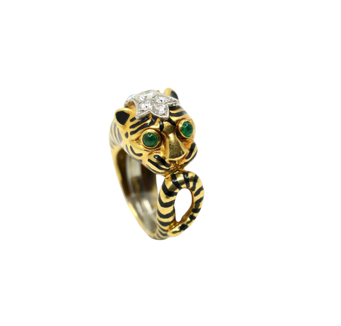 Vintage David Webb 18K Gold & Platinum Diamonds Emerald Tiger Ring
