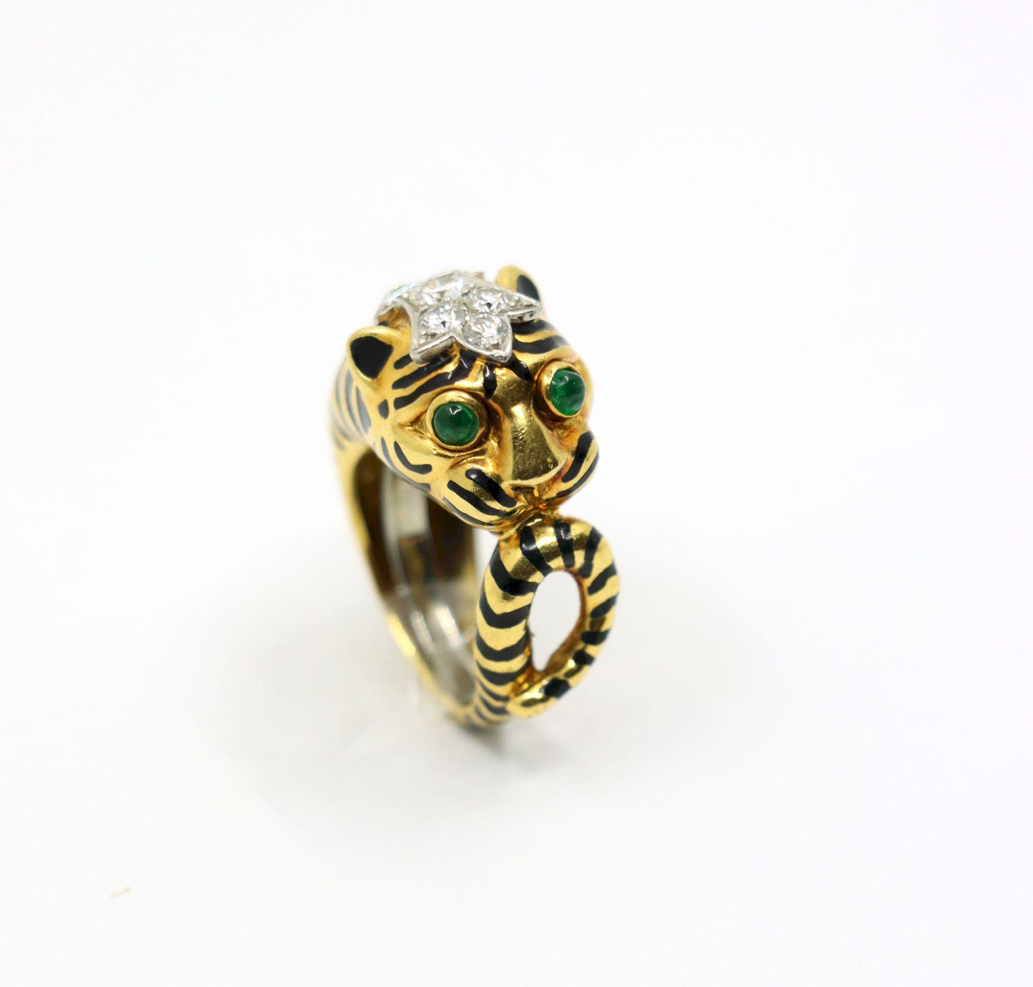 Vintage David Webb 18K Gold & Platinum Diamonds Emerald Tiger Ring