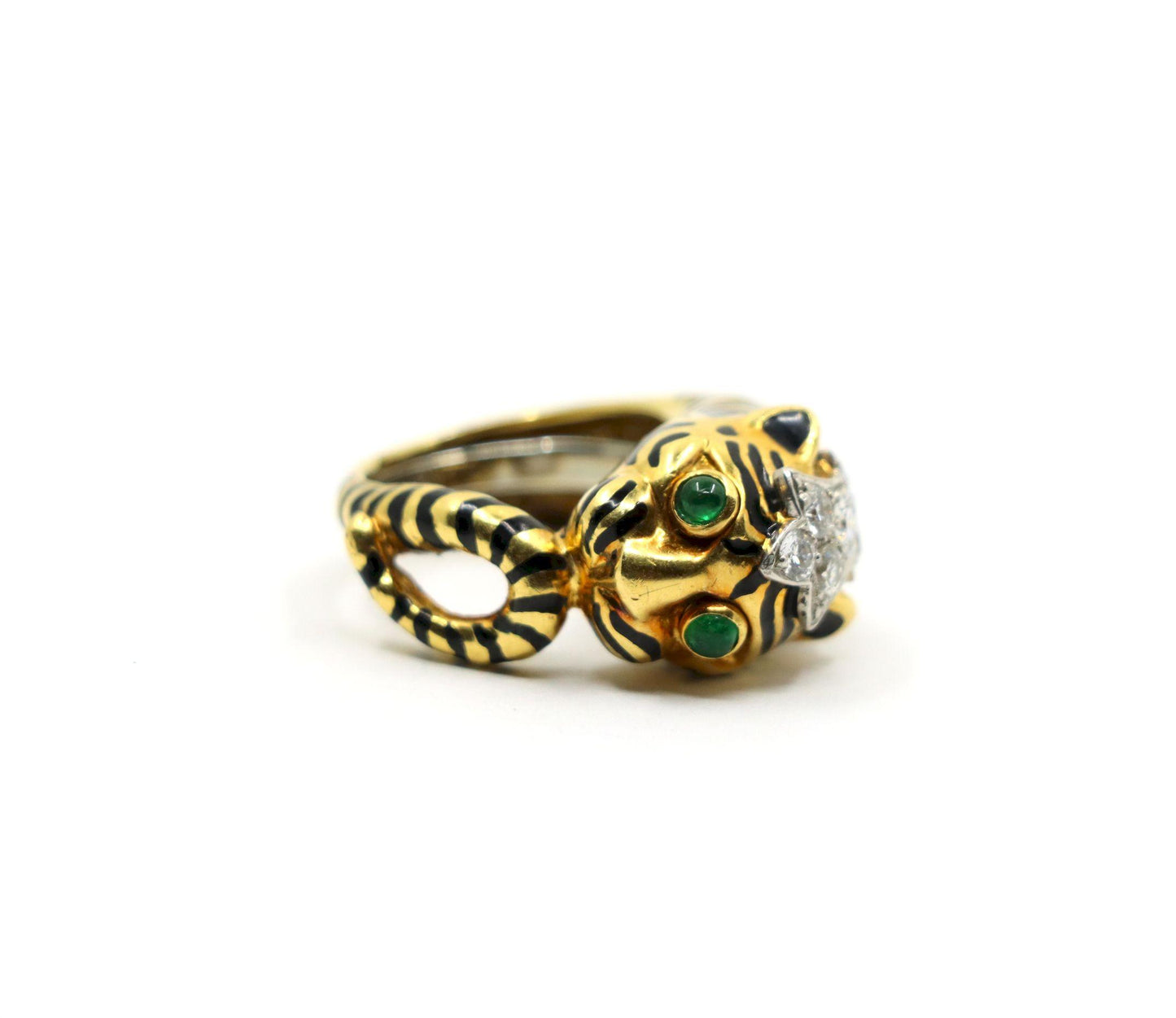 Vintage David Webb 18K Gold & Platinum Diamonds Emerald Tiger Ring