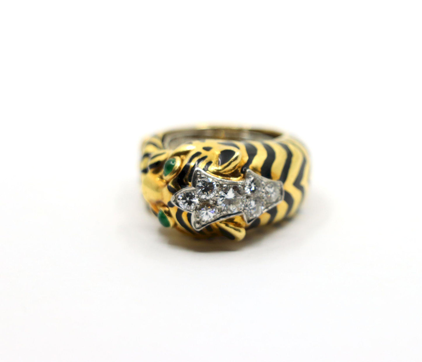 Vintage David Webb 18K Gold & Platinum Diamonds Emerald Tiger Ring