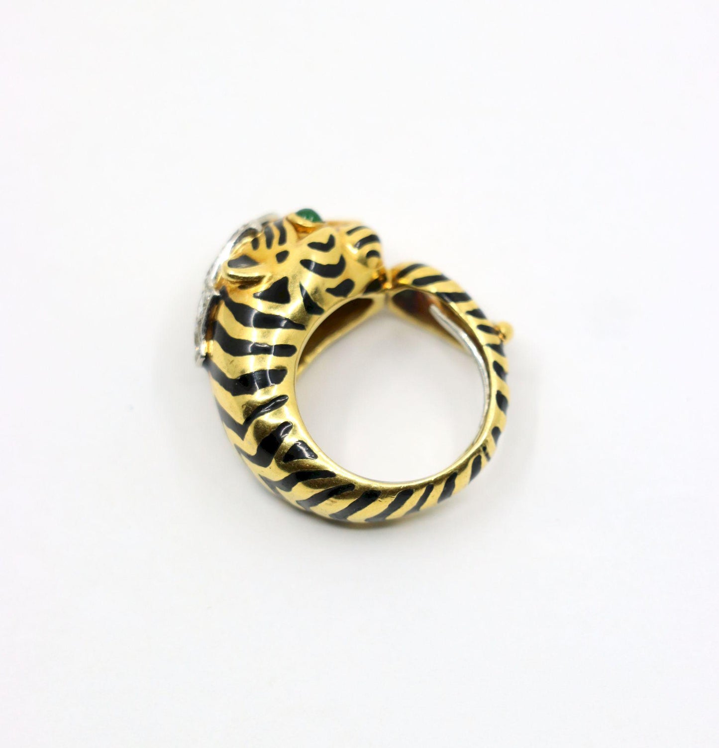 Vintage David Webb 18K Gold & Platinum Diamonds Emerald Tiger Ring