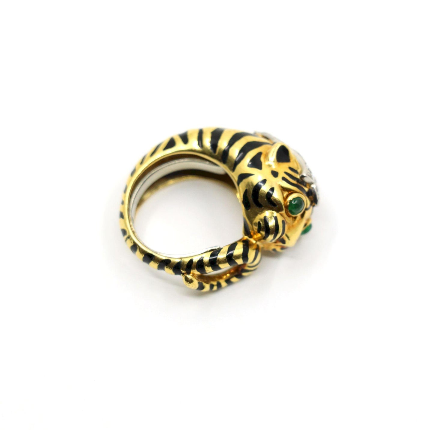 Vintage David Webb 18K Gold & Platinum Diamonds Emerald Tiger Ring