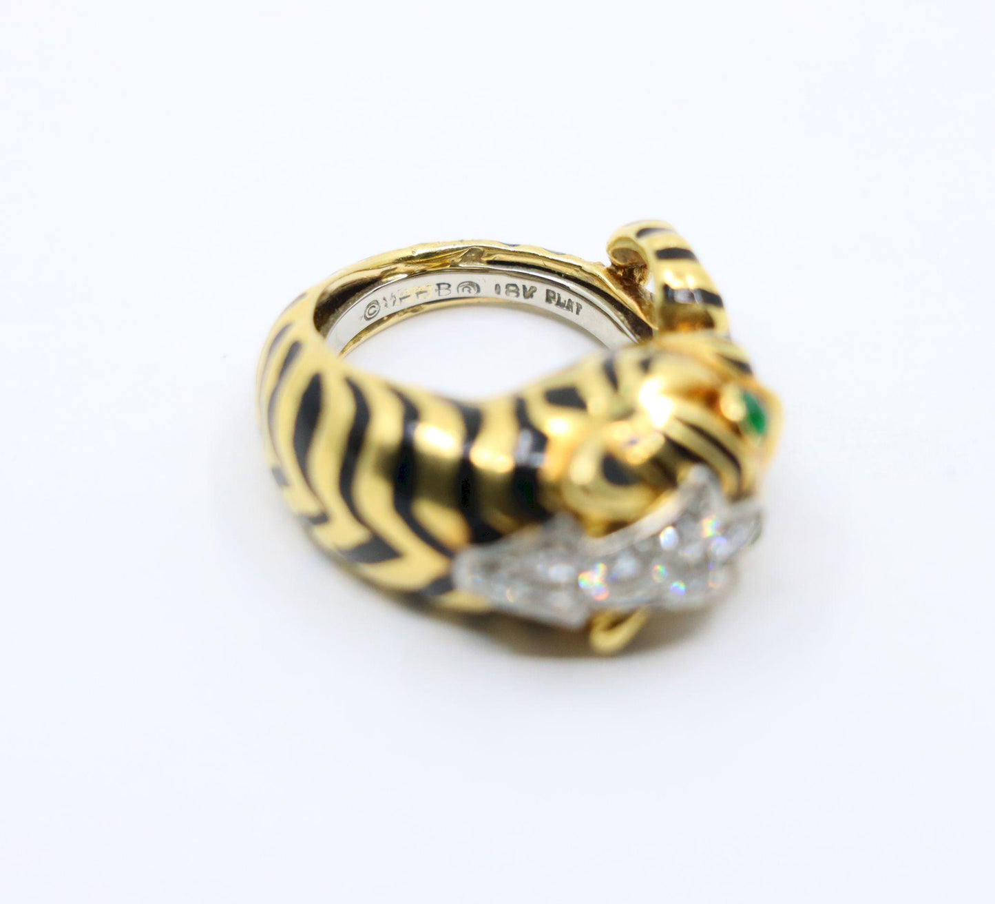 Vintage David Webb 18K Gold & Platinum Diamonds Emerald Tiger Ring