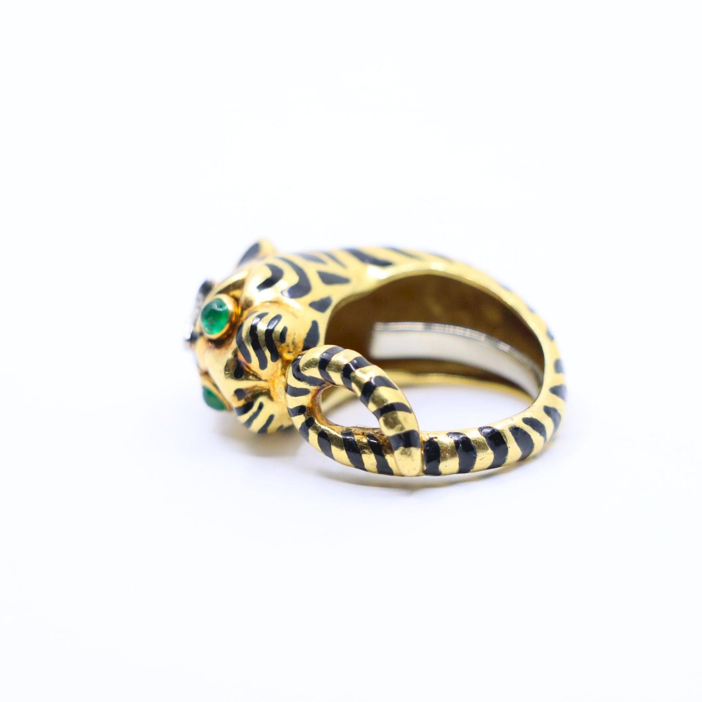 Vintage David Webb 18K Gold & Platinum Diamonds Emerald Tiger Ring