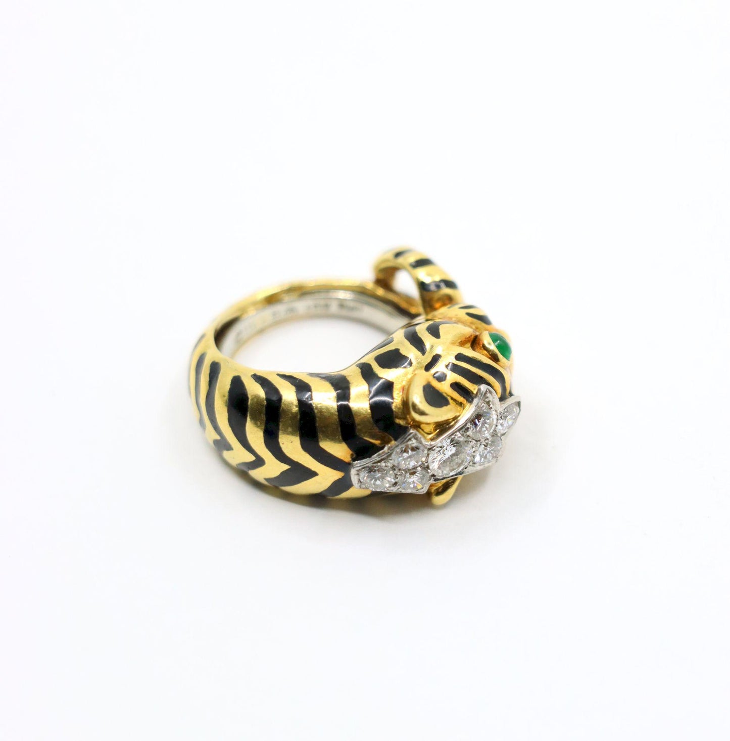 Vintage David Webb 18K Gold & Platinum Diamonds Emerald Tiger Ring
