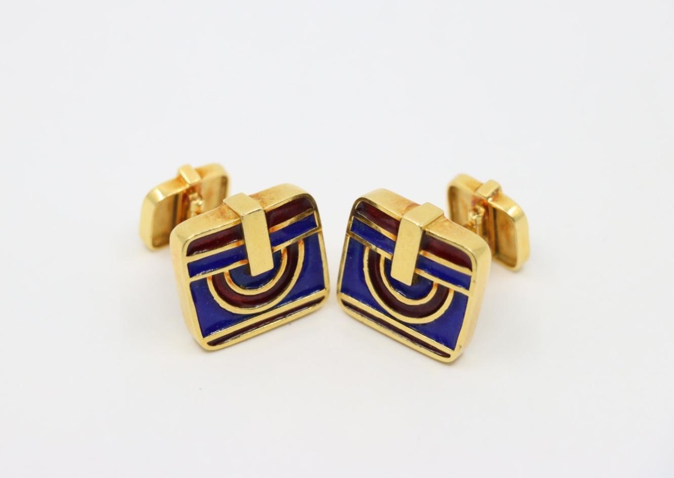 David Webb 18K Gold Blue & Red Enamel Cufflinks