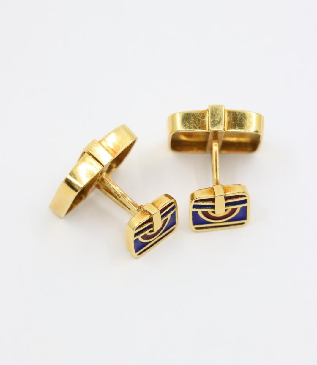 David Webb 18K Gold Blue & Red Enamel Cufflinks