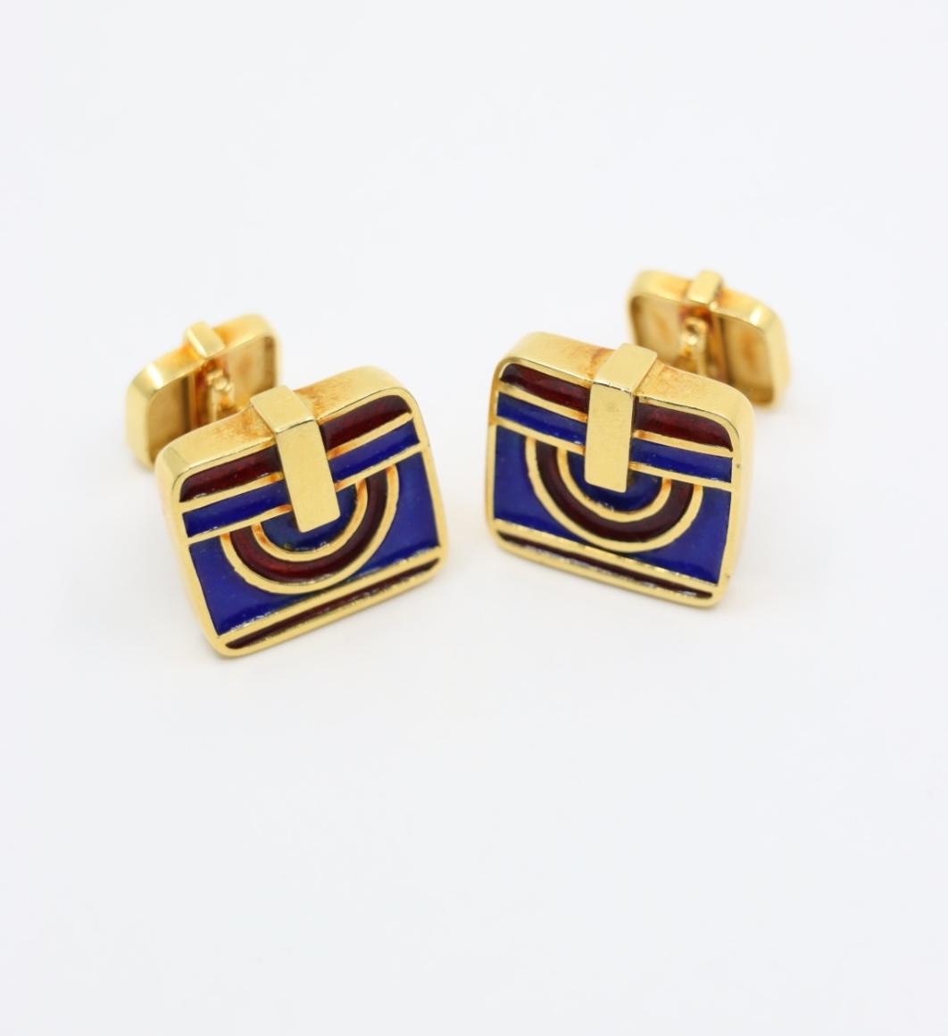 David Webb 18K Gold Blue & Red Enamel Cufflinks