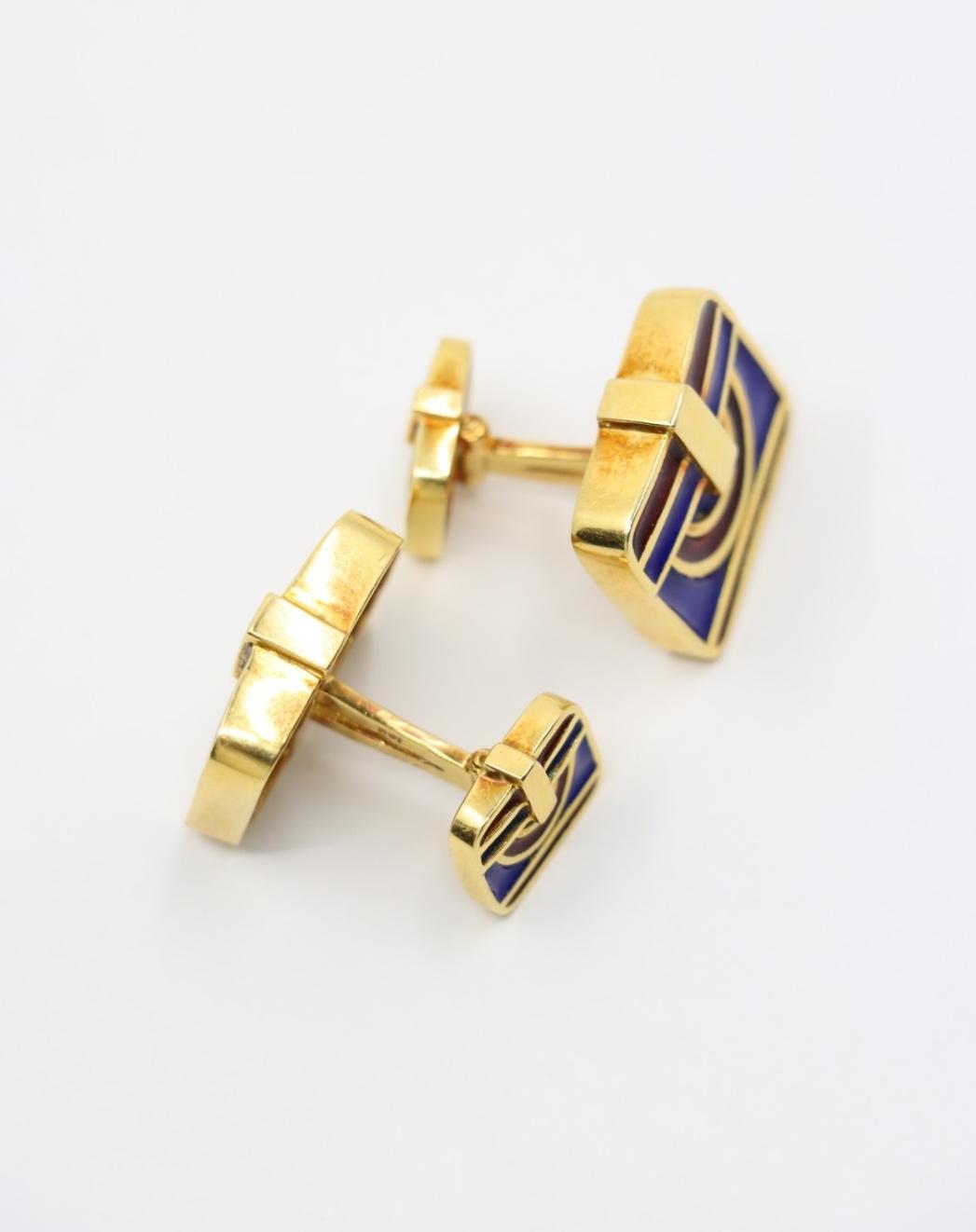 David Webb 18K Gold Blue & Red Enamel Cufflinks