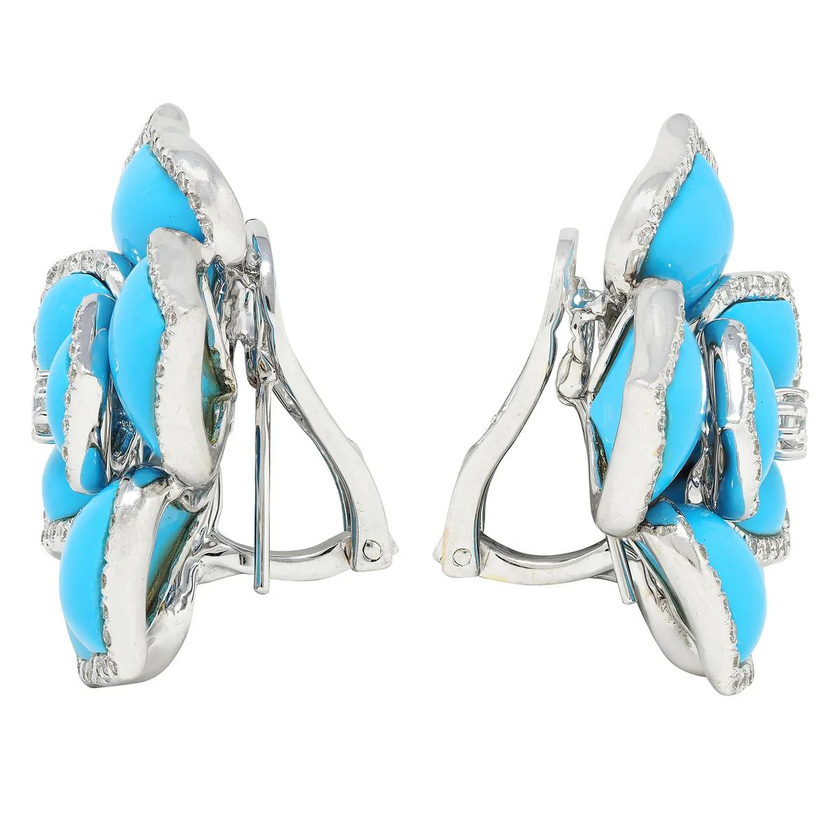 Diamond Turquoise 18K White Gold Flower Earrings