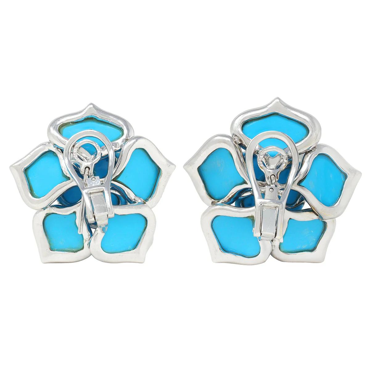 Diamond Turquoise 18K White Gold Flower Earrings