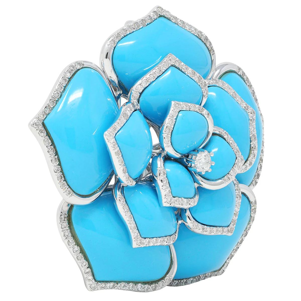 Diamond Turquoise 18K White Gold Flower Brooch