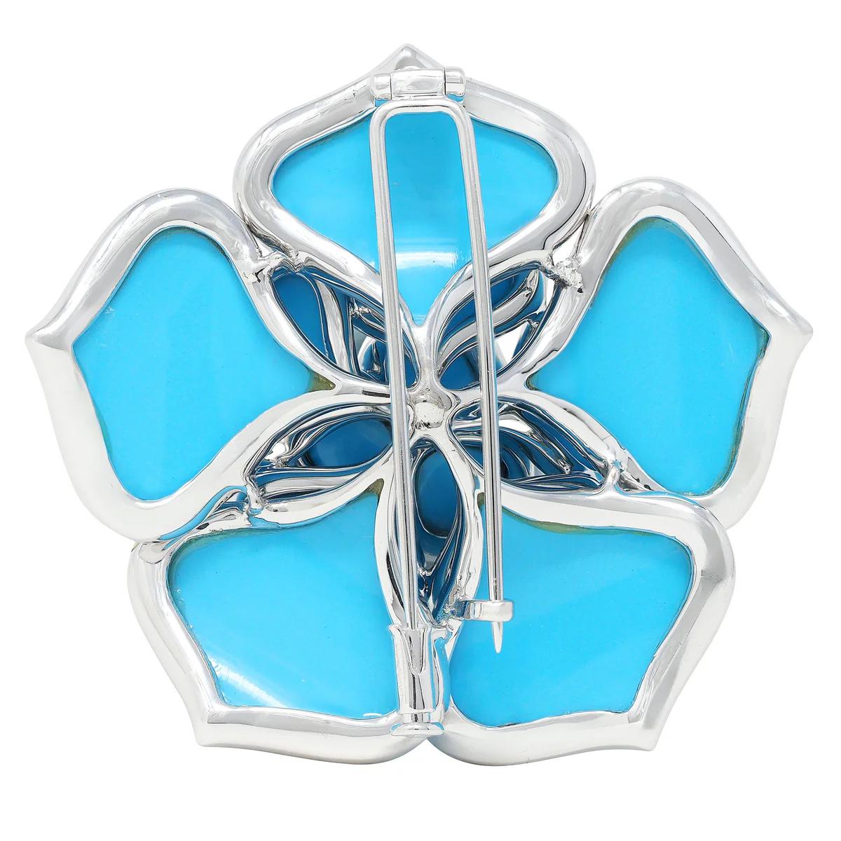Diamond Turquoise 18K White Gold Flower Brooch