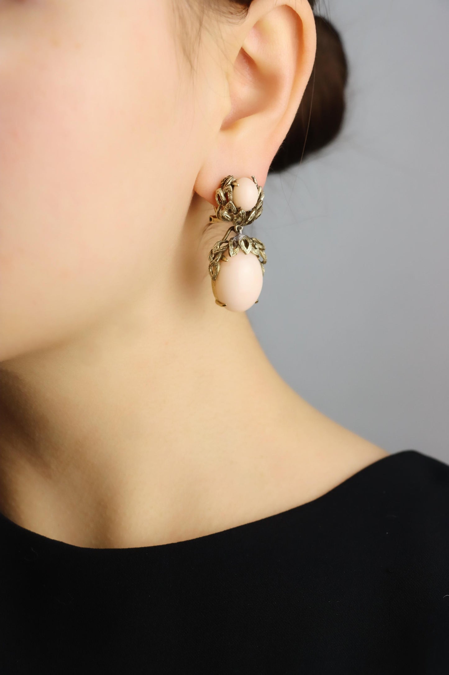 Vintage 14K Gold Coral Cabochon Earrings