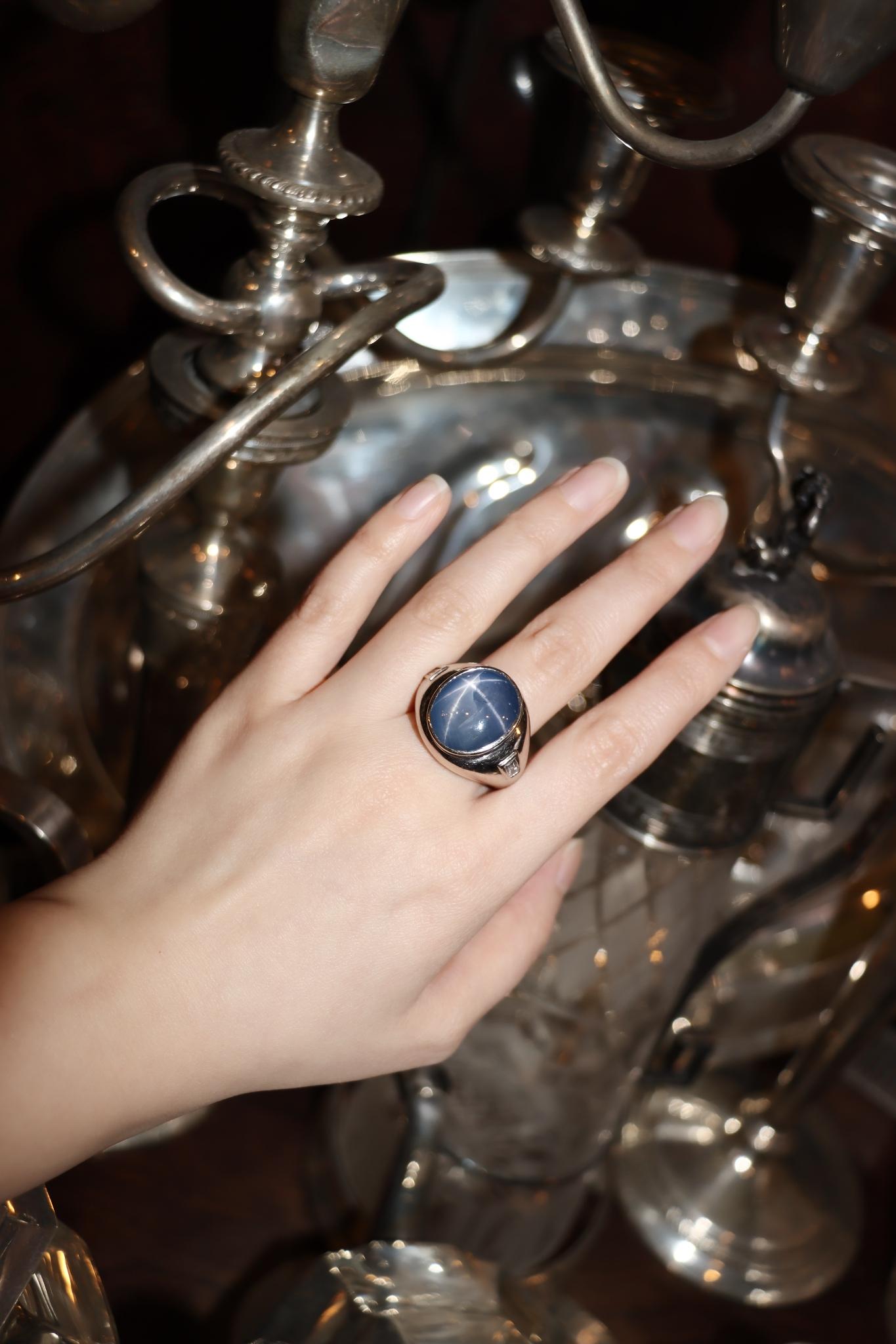 14K White Gold Large Star Sapphire Diamond Ring