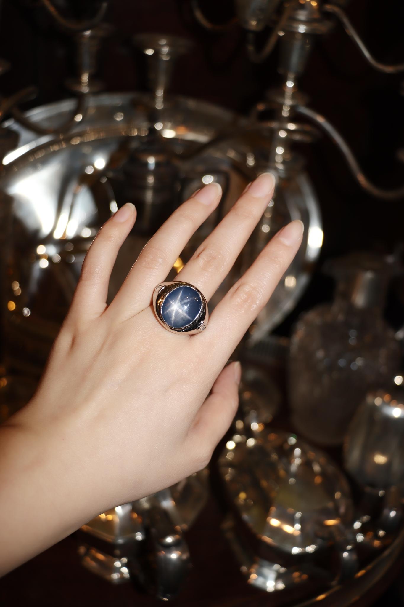 14K White Gold Large Star Sapphire Diamond Ring