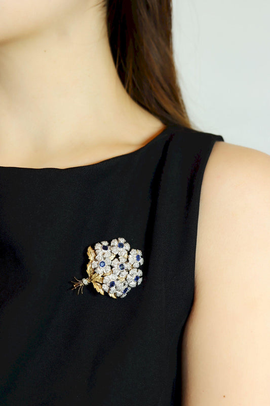 Rare Buccellati 18K Gold & Platinum En Tremblant Sapphire Diamond Set Brooch Pin