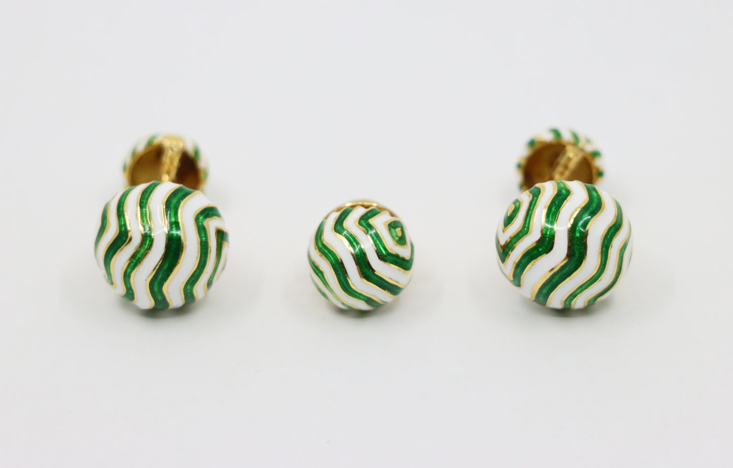 Vintage David Webb 18K Gold Green & White Enamel Cufflinks