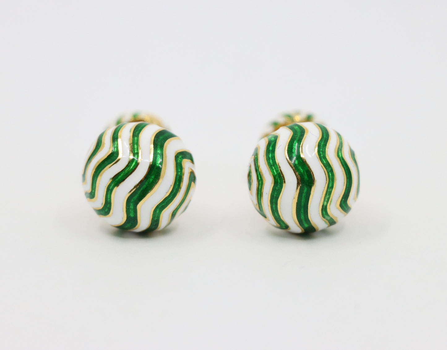 Vintage David Webb 18K Gold Green & White Enamel Cufflinks
