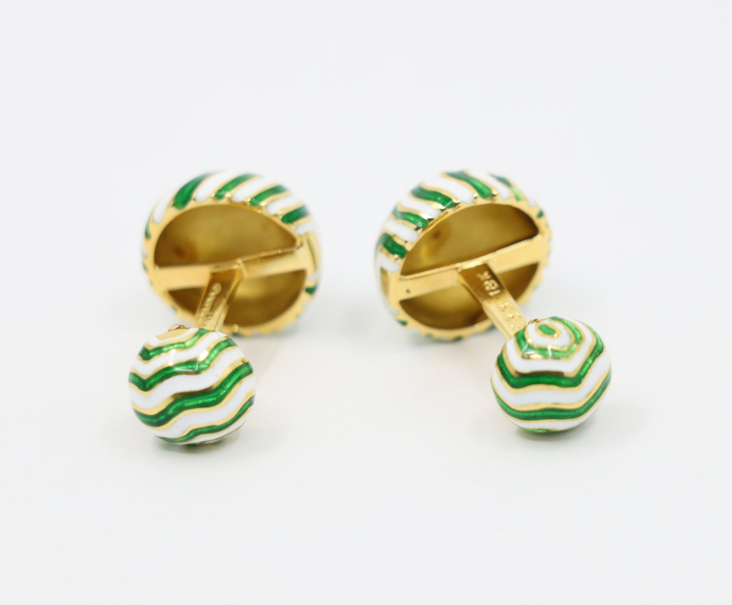 Vintage David Webb 18K Gold Green & White Enamel Cufflinks