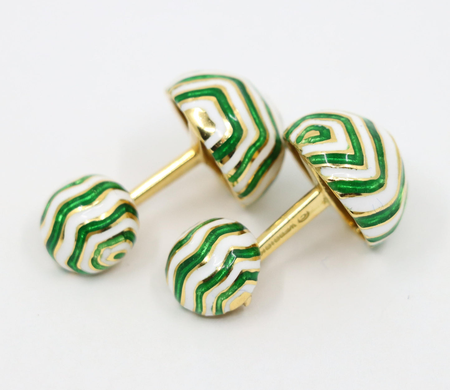 Vintage David Webb 18K Gold Green & White Enamel Cufflinks