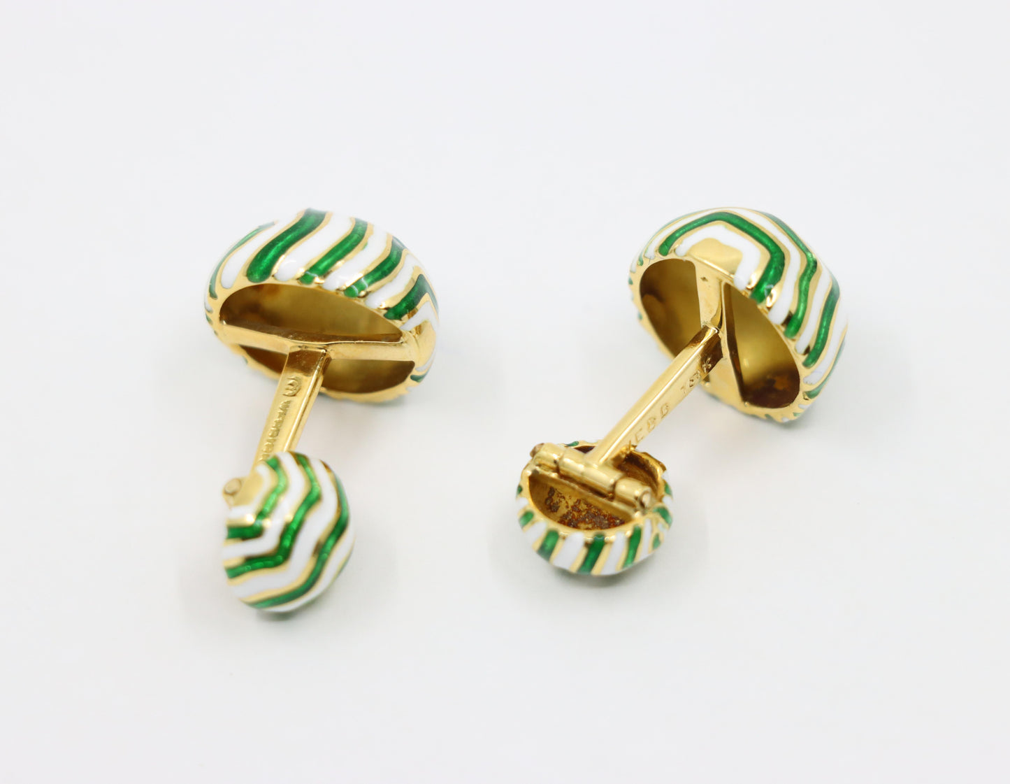 Vintage David Webb 18K Gold Green & White Enamel Cufflinks