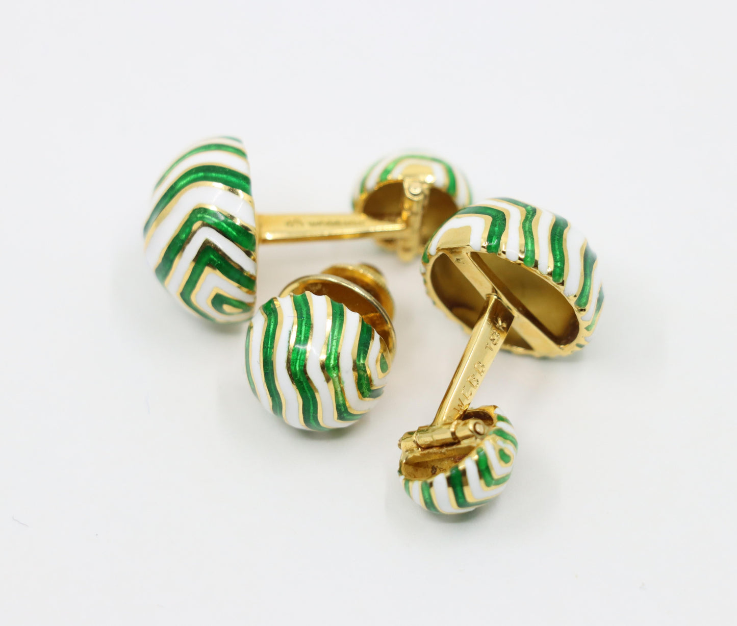 Vintage David Webb 18K Gold Green & White Enamel Cufflinks