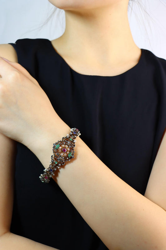 Victorian Gold & Silver Muti-Gemstone Diamond Pearl Bracelet