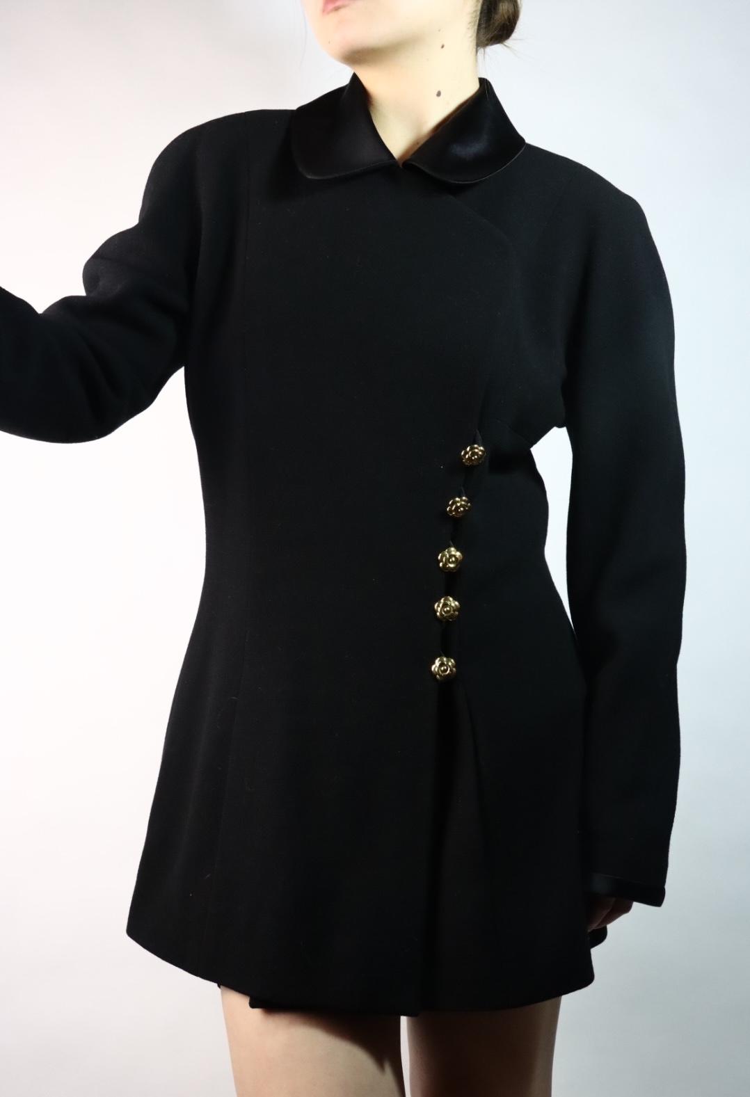 Vintage Chanel Black Camellia Button Dress Suit