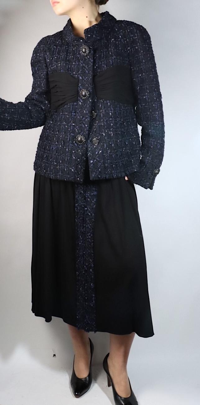 Chanel Navy Tweed Blazer Rayon Suit