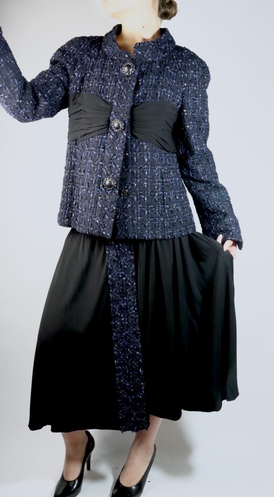 Chanel Navy Tweed Blazer Rayon Suit