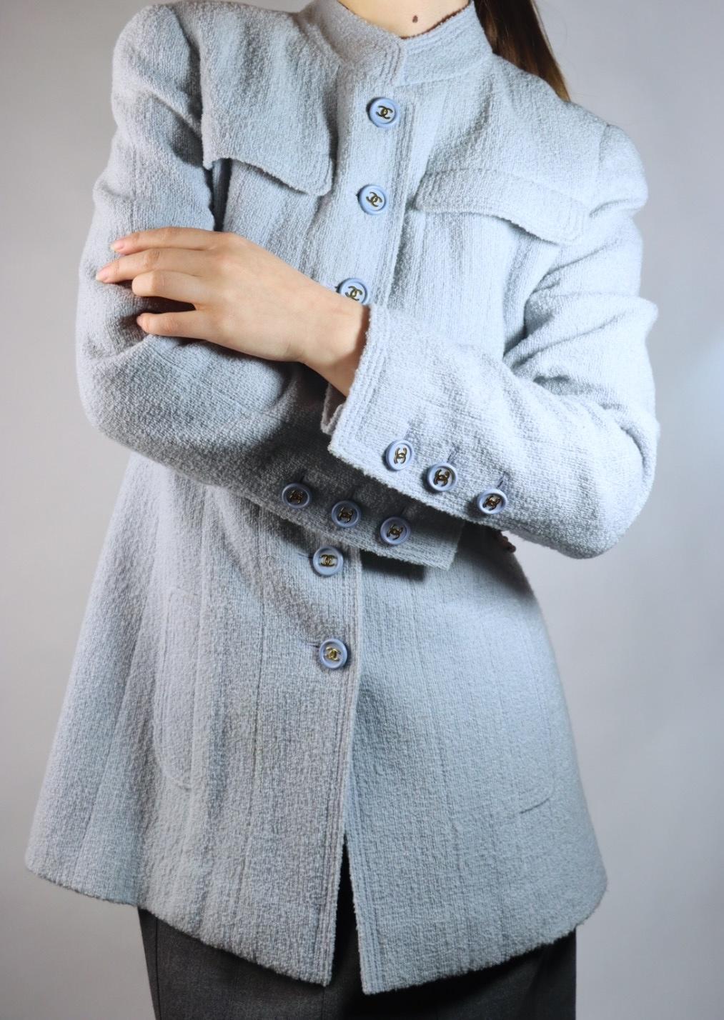 Vintage 1997 Chanel Baby Blue Tweed Jacket