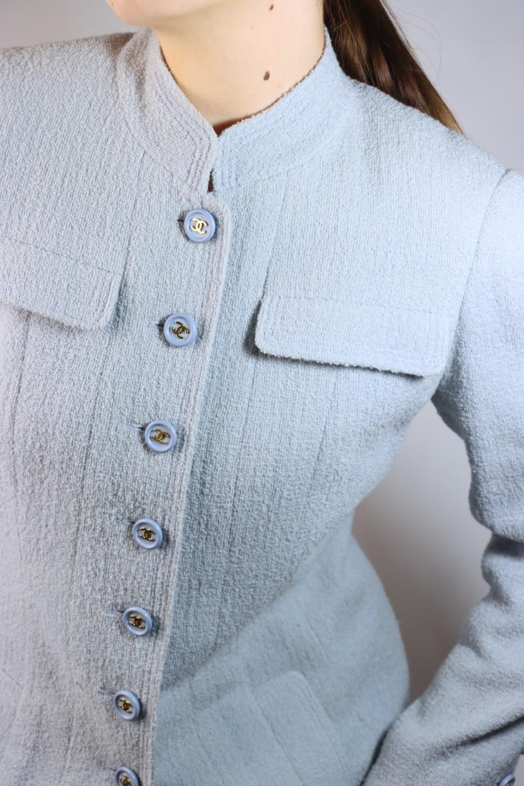 Vintage 1997 Chanel Baby Blue Tweed Jacket