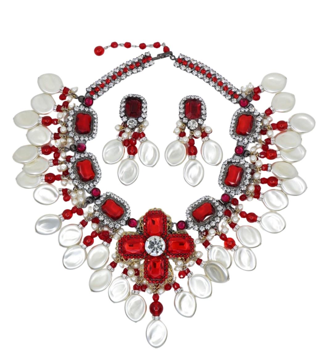 A Set Of Lawrence Vrba Red Rhinestone Faux Baroque Pearl Necklace Earrings
