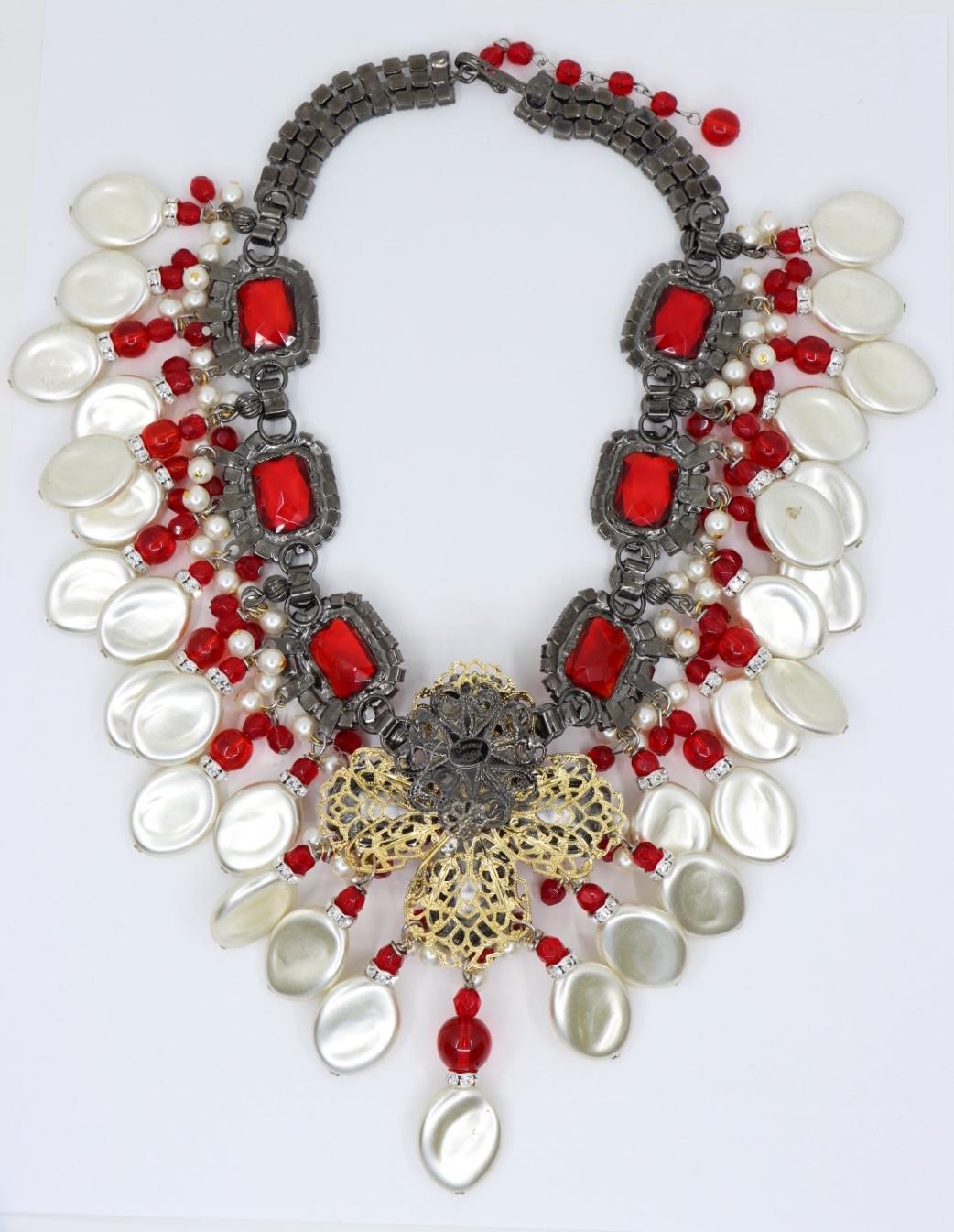 A Set Of Lawrence Vrba Red Rhinestone Faux Baroque Pearl Necklace Earrings