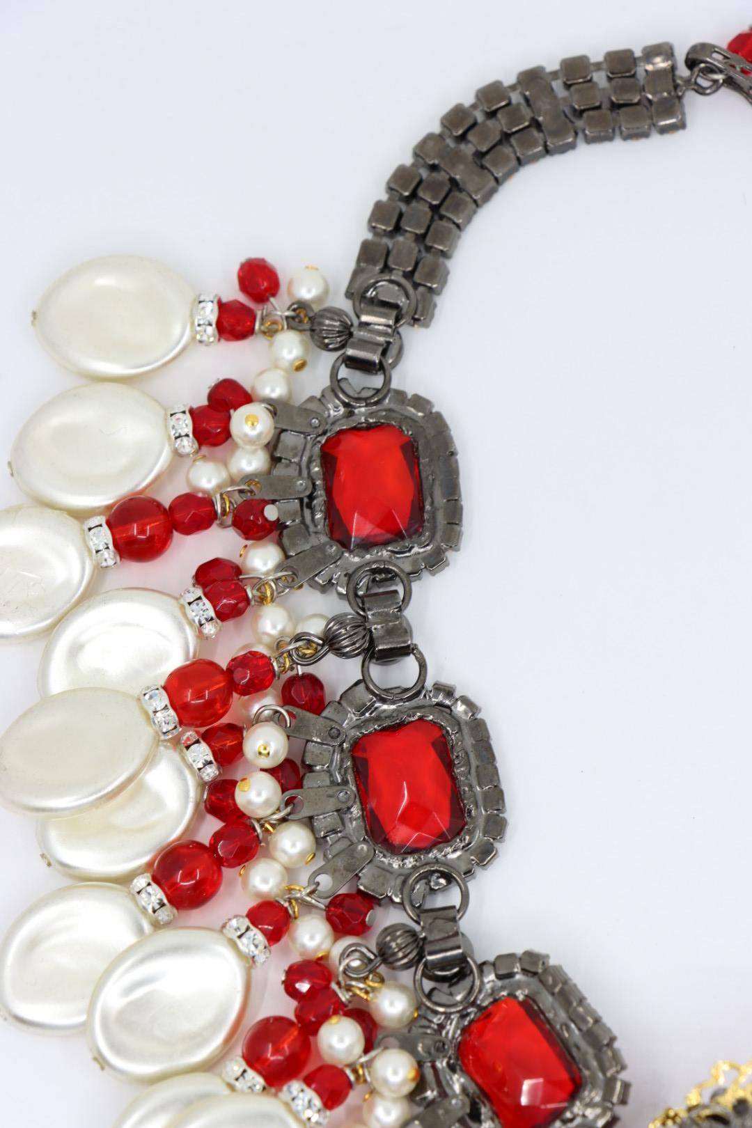 A Set Of Lawrence Vrba Red Rhinestone Faux Baroque Pearl Necklace Earrings