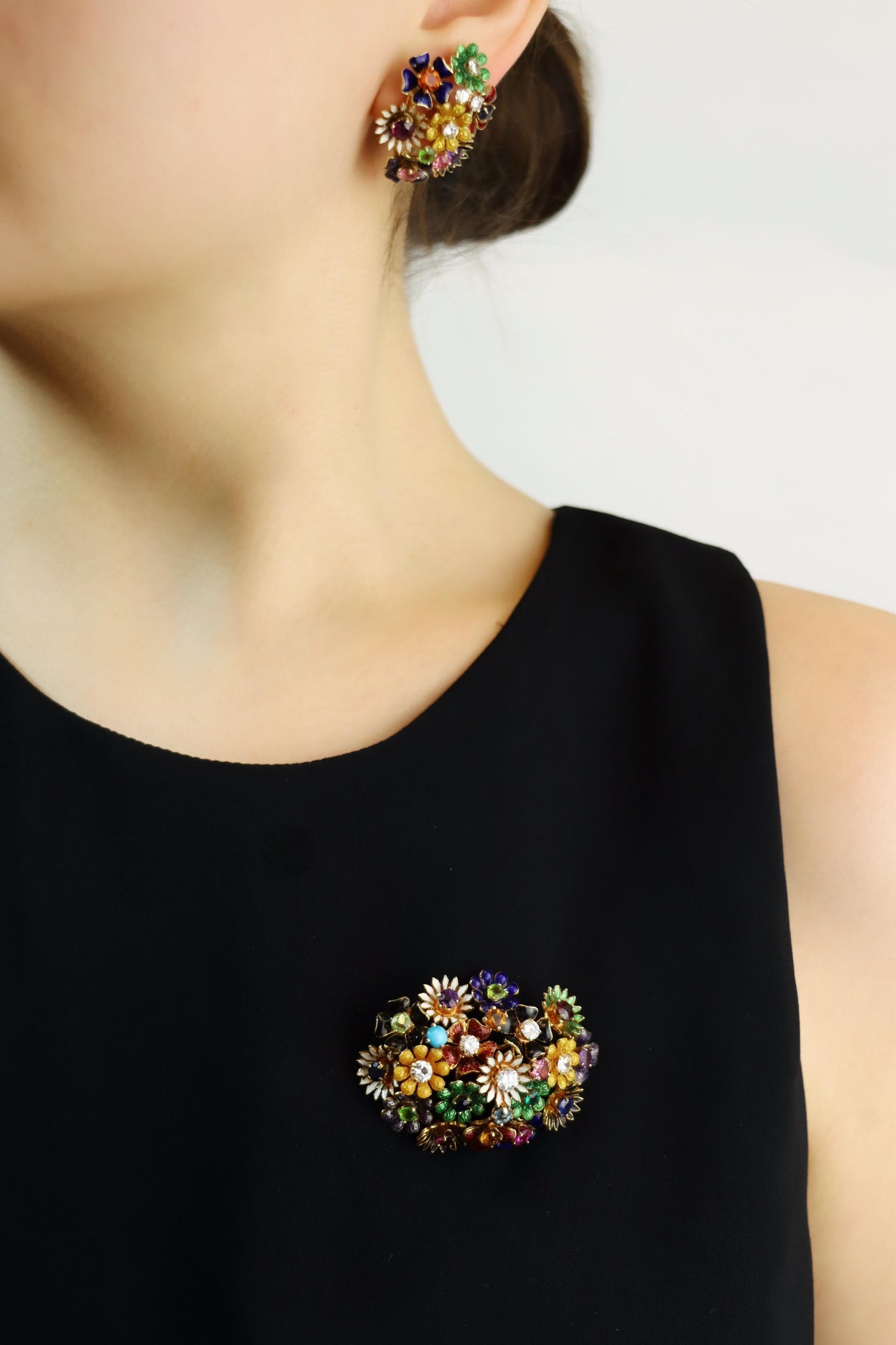 18K Gold Muti-Gem Enamel Flower Brooch & Earring