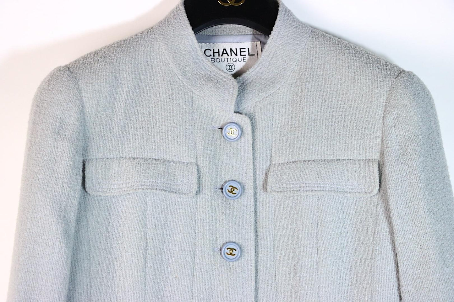 Vintage 1997 Chanel Baby Blue Tweed Jacket