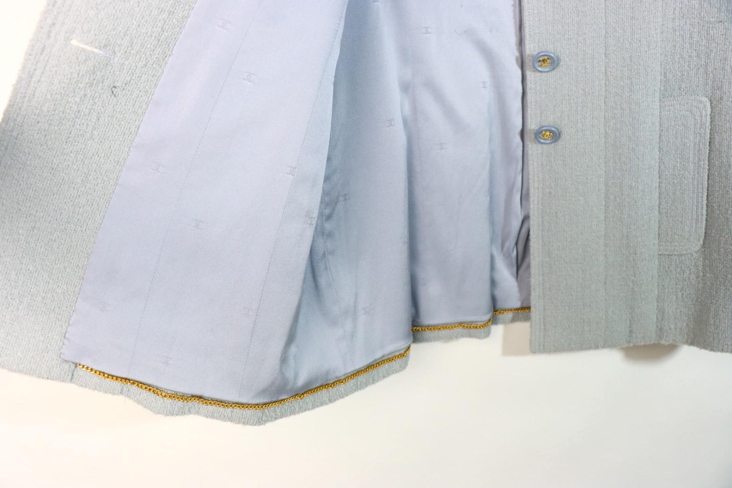 Vintage 1997 Chanel Baby Blue Tweed Jacket