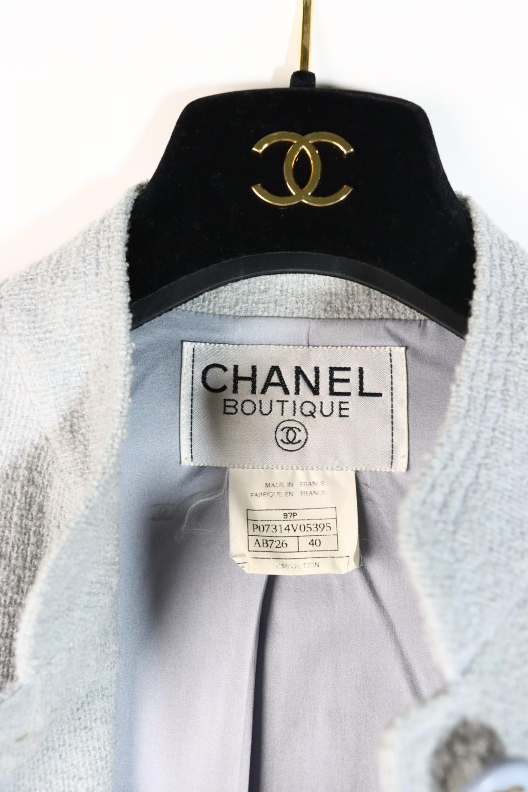 Vintage 1997 Chanel Baby Blue Tweed Jacket