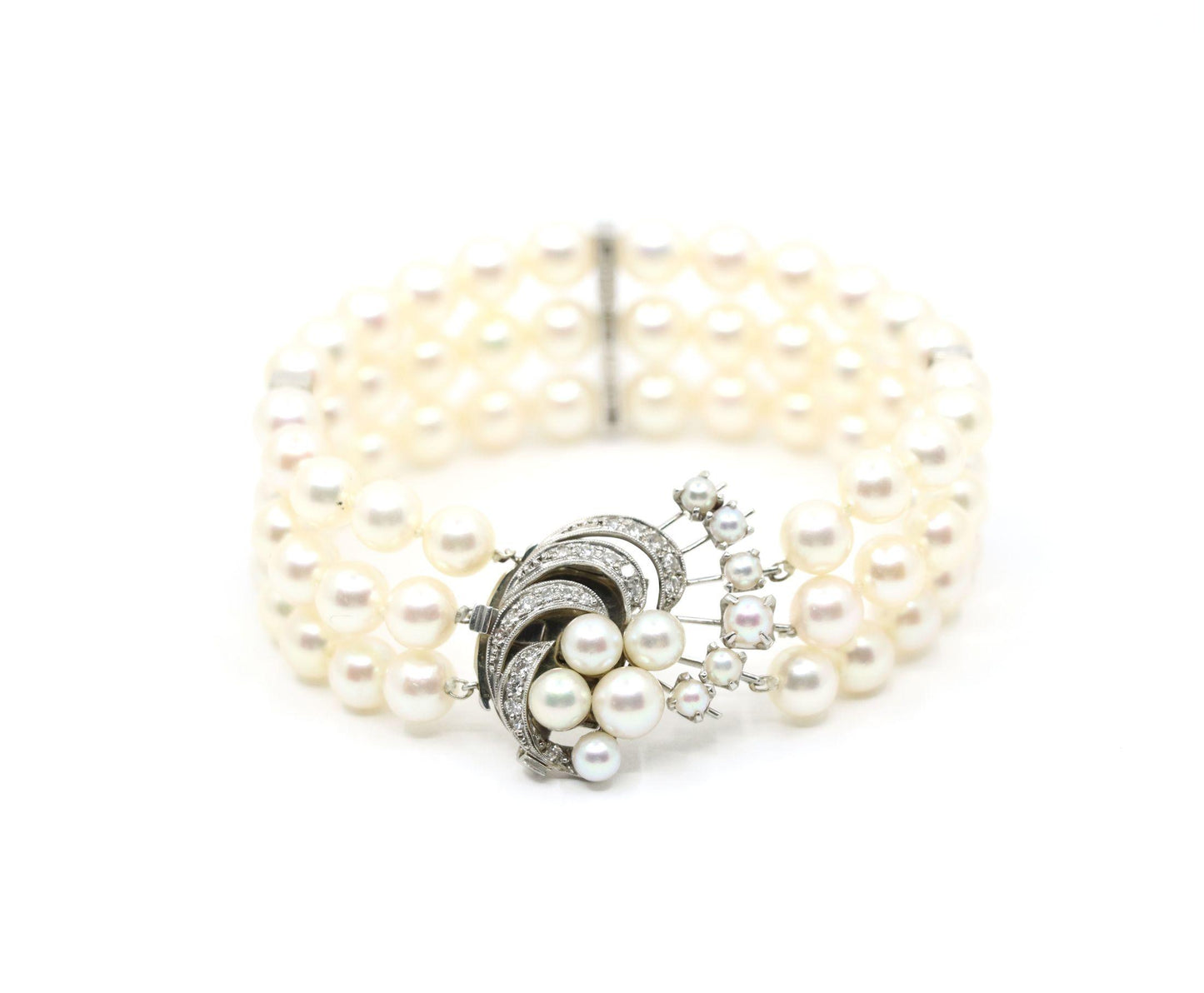 Vintage Platinum Diamonds Muti-Strand Pearl Waves Bracelet