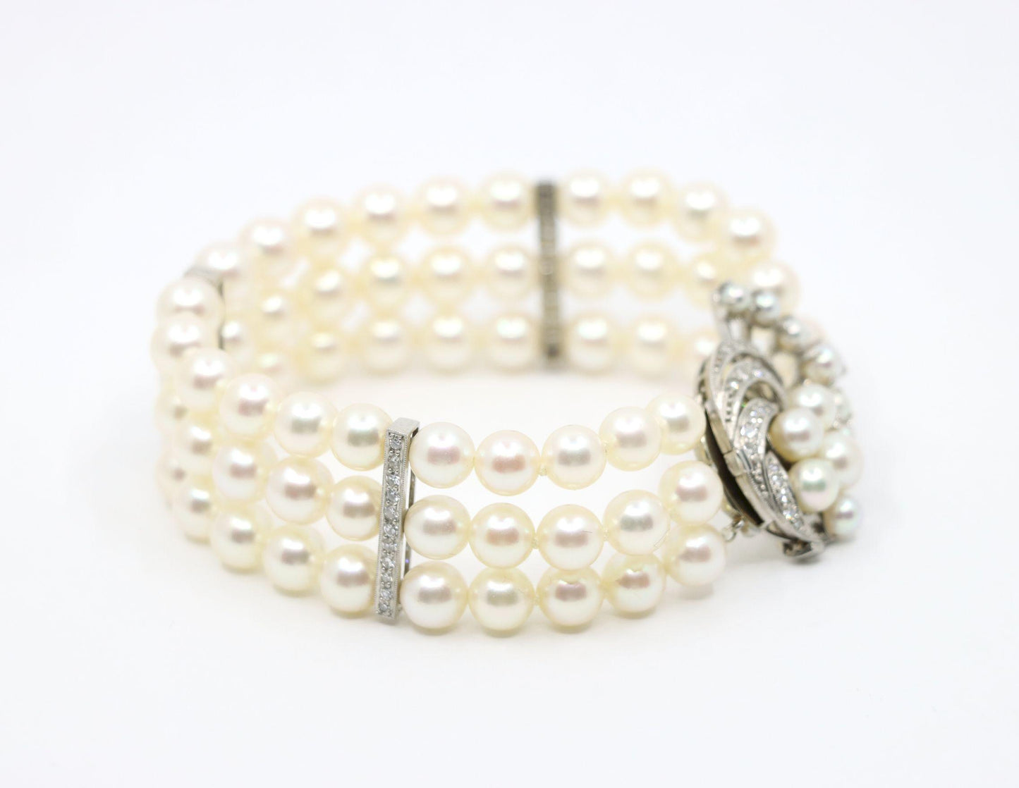 Vintage Platinum Diamonds Muti-Strand Pearl Waves Bracelet