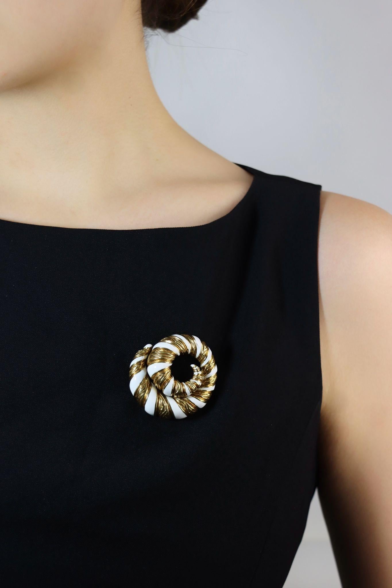 Vintage David Webb 18K Gold White Enamel Swirl Brooch